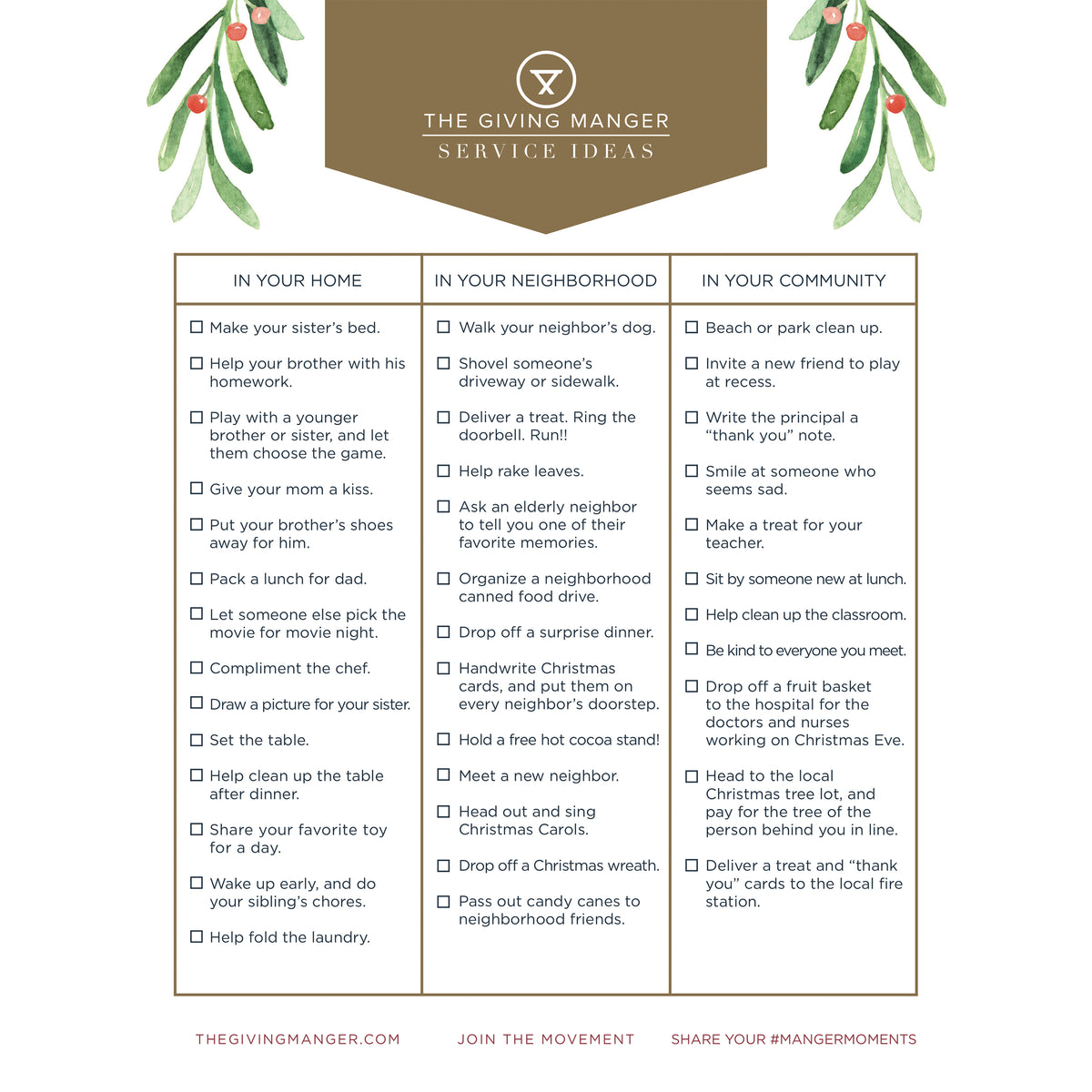 Free Printable Lists of Kind Deeds — The Giving Manger